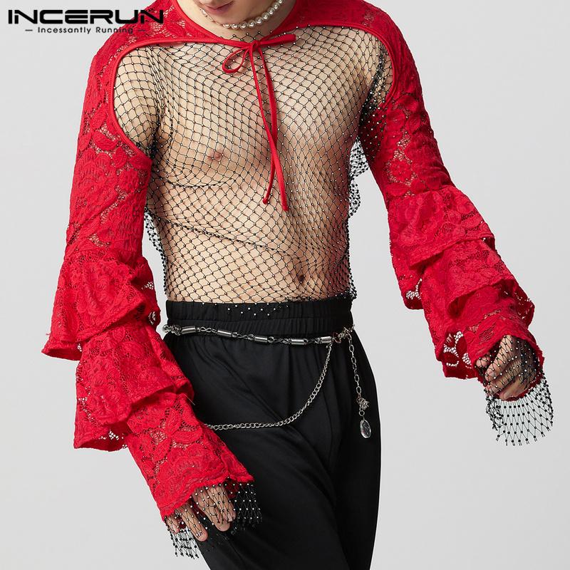 INCERUN Men Lace Up See Through Lace Crop Tops Club Party Mesh Short T-shirts