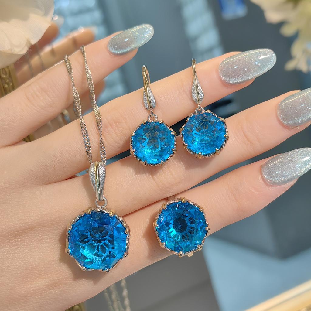 Italian Retro Gilt Imitation Natural Citrine Ring Pendant Stud Earrings Set Two-Color Gold Sea Blue Colored Treasure Necklace Women