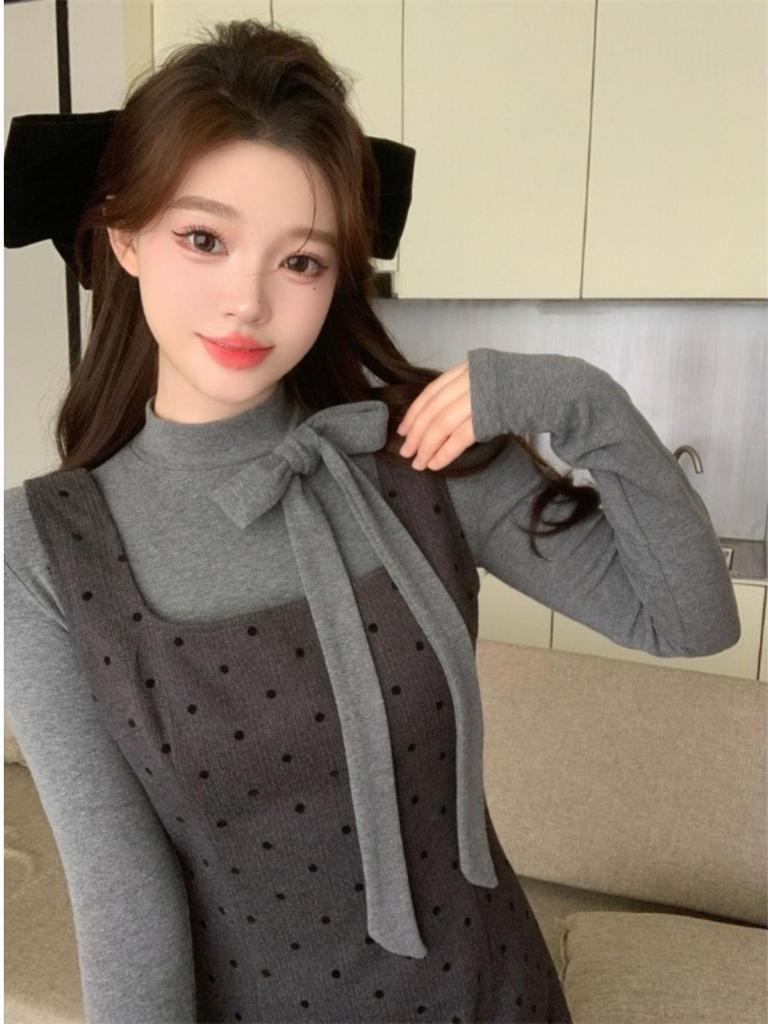 Women’s Slim-Fit Autumn Two-Piece: Long Sleeve Top & Polka Dot Dress