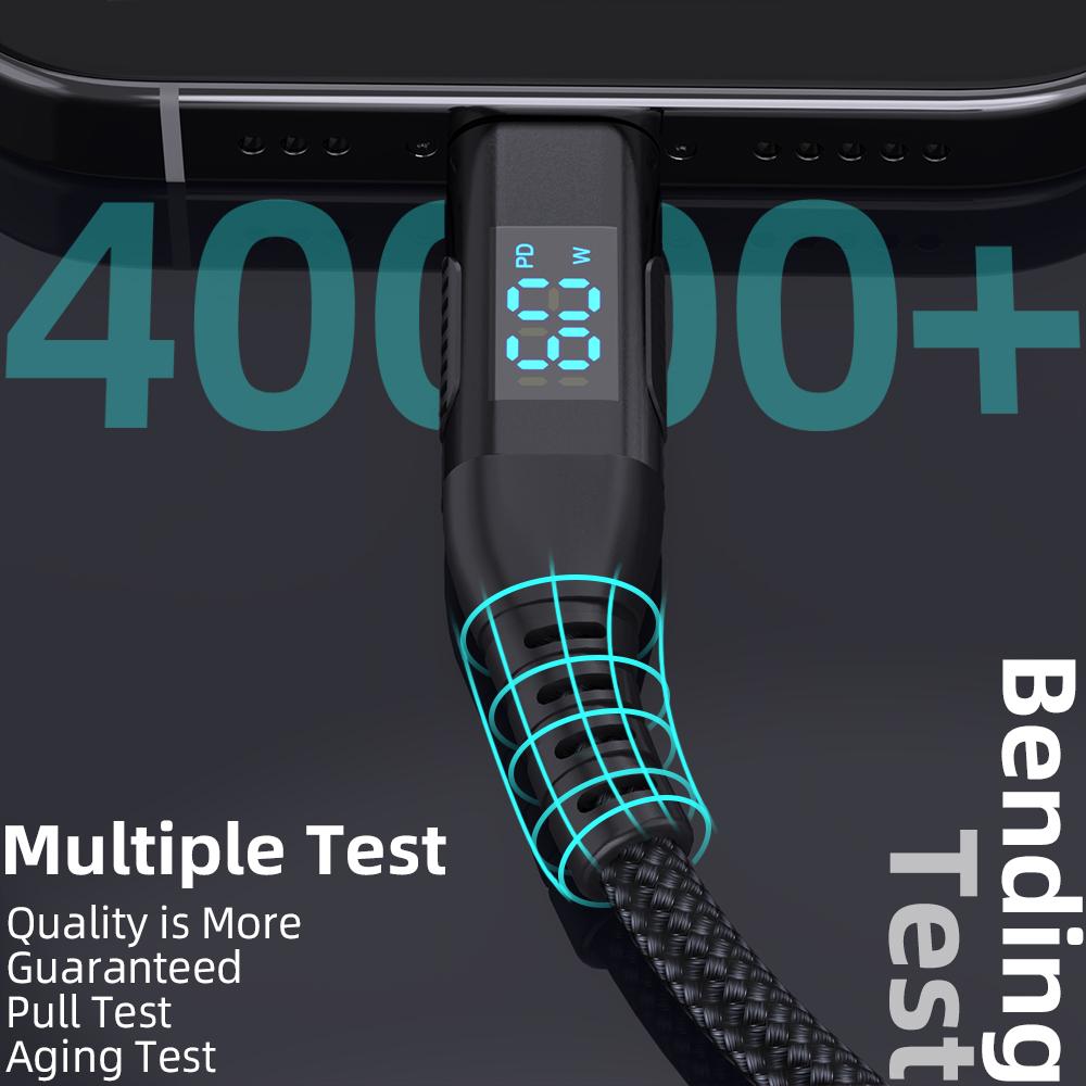 1m USB-C to USB-C Cable Digital Display 3A/20V 60W Fast Charging Braided Data Cord for Smartphones Tablets