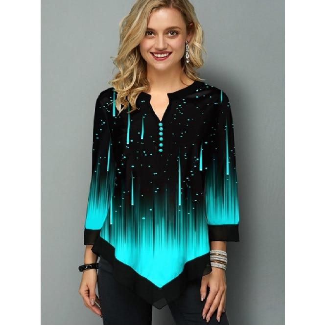 

3D Позиционирующая Печать Уличный Хипстер V-образный вырез Неровный Подол Свободная Футболка 4XL синий