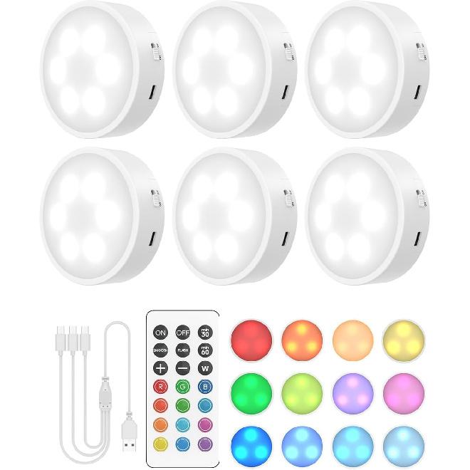 Puck Lights with Remote, Rechargeable White&13 RGB Colors Tap Lights, 6Pack | Under Cabinet Lights with Dimmer and Timer, LED Stick on Lights for