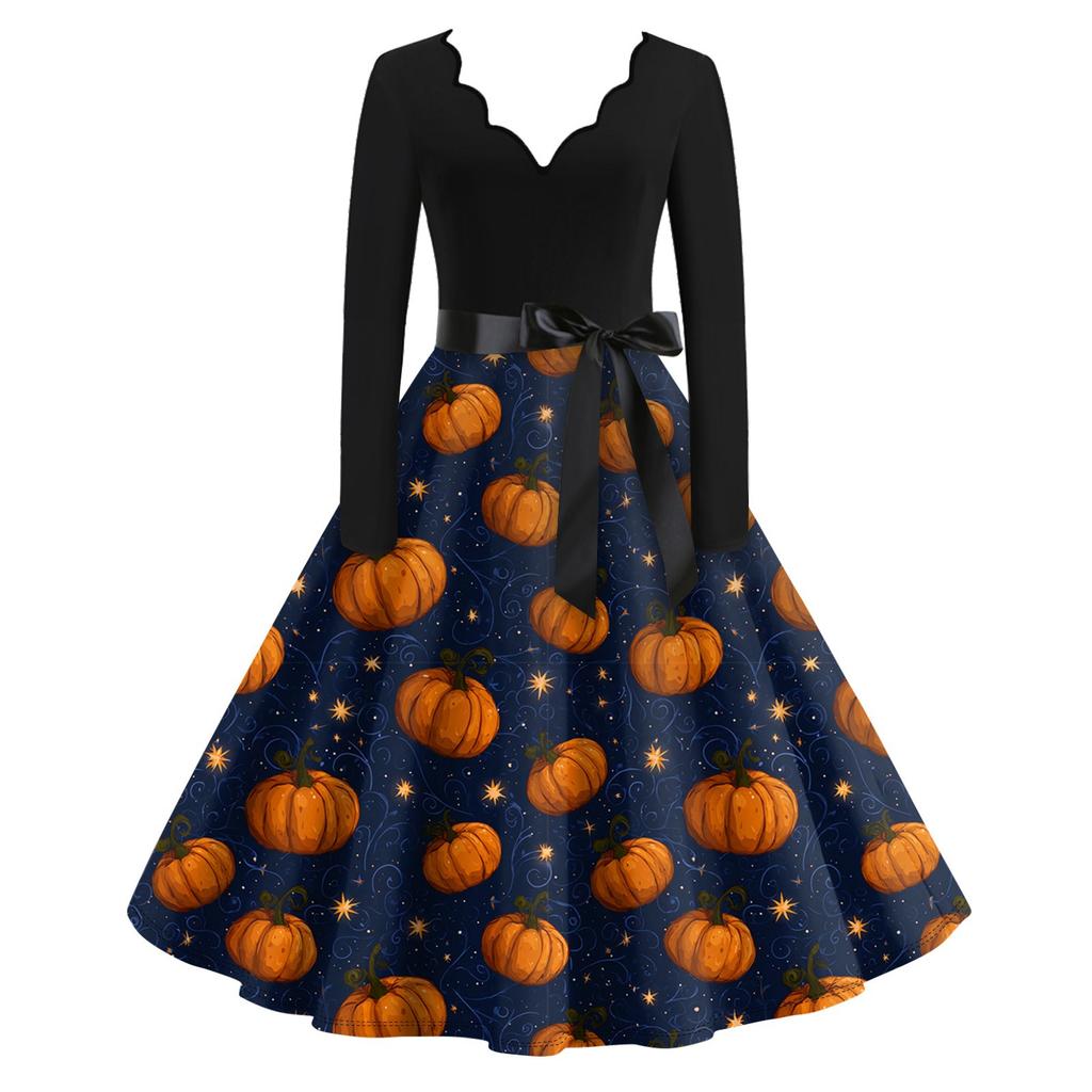 Damen Casual Fashion Langarm Halloween Grafik bedruckt Vintage Lange Kleider