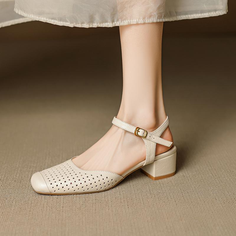 Fashion 2025 New Basic Mid Heels Women Sandals Square Toe Buckle Strap Slingback Pumps Mature Genuine Leather Hollow Out Shoes Woman