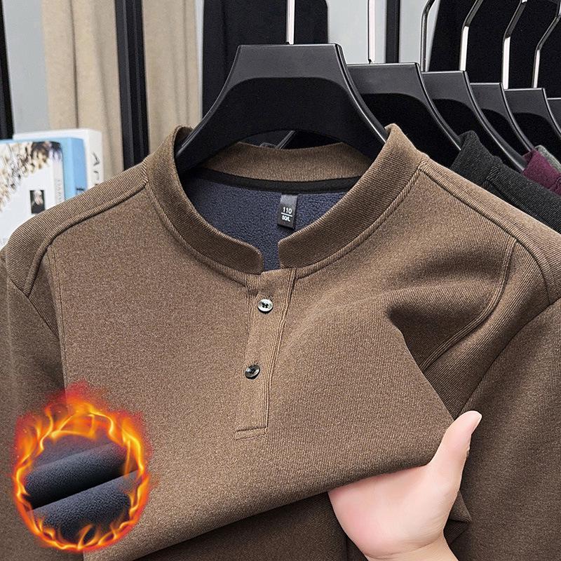 Men's Solid Color Fleece-Lined Sweatshirt, 2025 Autumn/Winter Collection - Thick, Double-Sided German Fleece, Round Neck, Casual Warm Base Layer