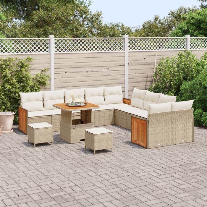 VidaXL Ensemble de canapé de jardin 13 pièces avec coussins en poly rattan beige et acacia 3363361