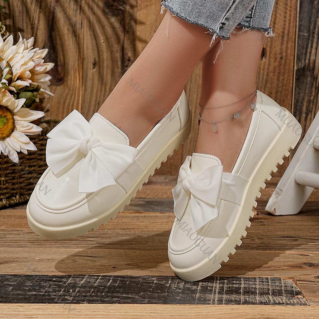 Women's Butterfly Knot Thick Bottom Loafers Soft Leather Spring Autumn Flats Shoes for Women Casual Slip on Solid Single Shoes