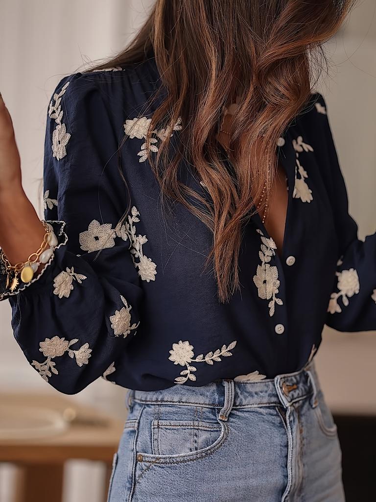 Pink Long Sleeve Shirt with Floral Embroidery and Ruffled Collar