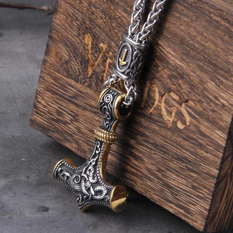 Fashion Valknut Viking Thor's Hammer Pendant Necklace With keel Chain As Men Gift with wooden box