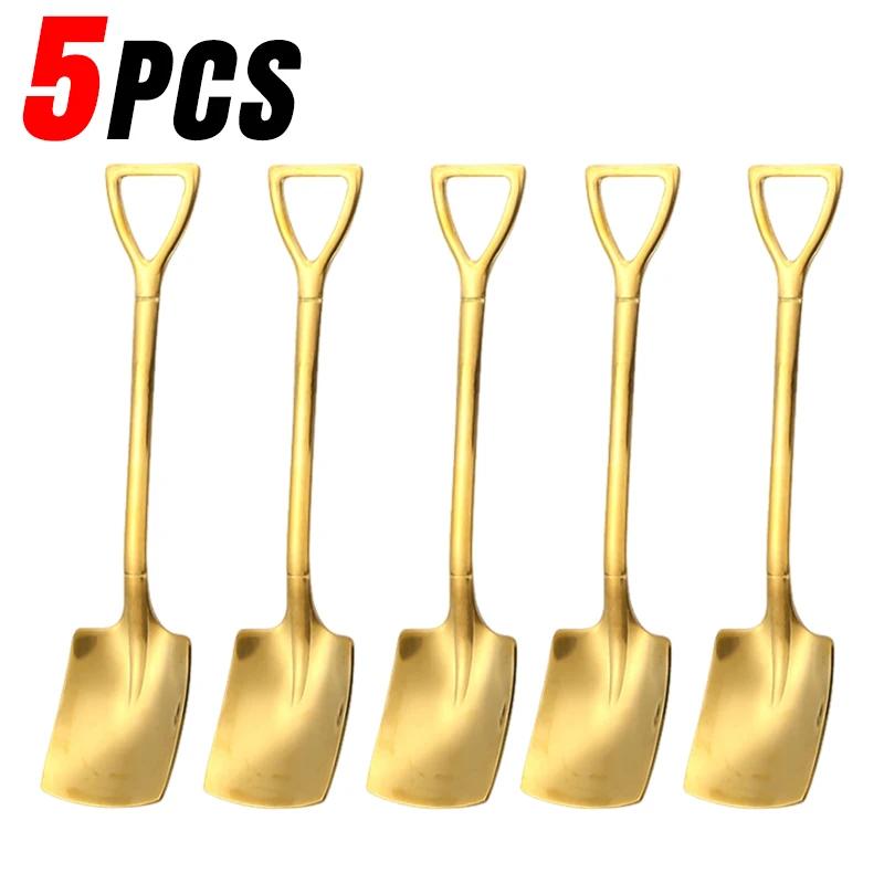 Stainless Steel Shovel Spoon Creative Gold Silver Coffee Spoons Ice Cream Dessert Scoops Teaspoon Kitchen Tableware Cutlery Sets