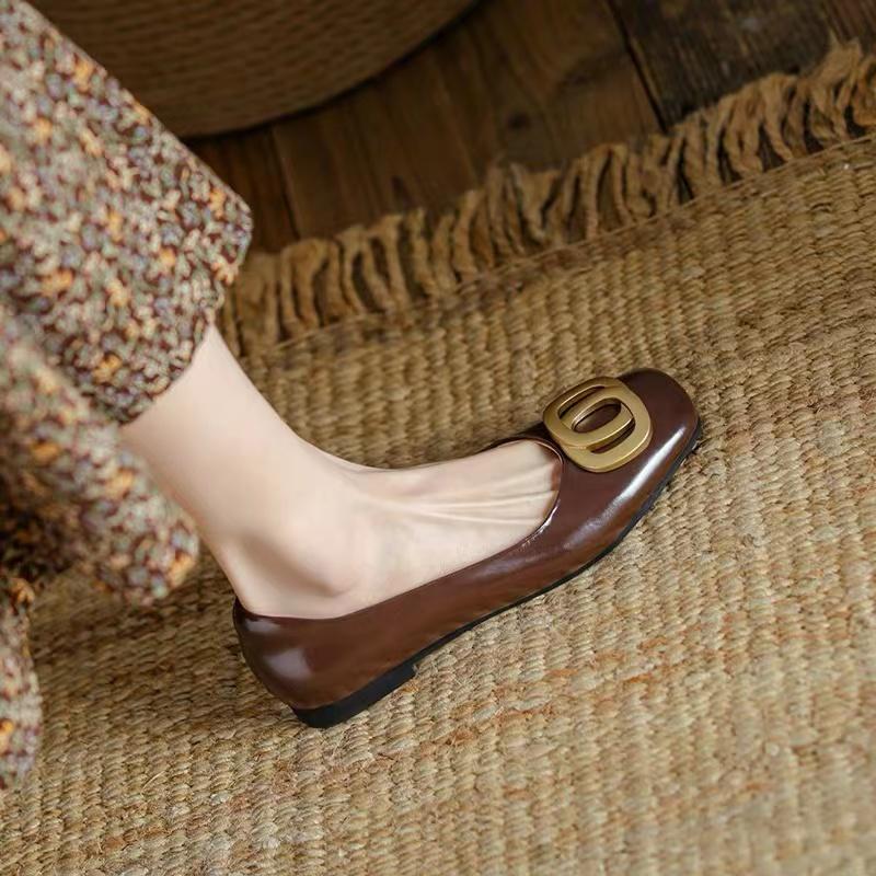 Fashion Flat Shoes for Women 2025 New Spring Autumn Flat Shallow Mouth Square Toe Retro Round Buckle Flat Heel Plus Size Women's Shoes
