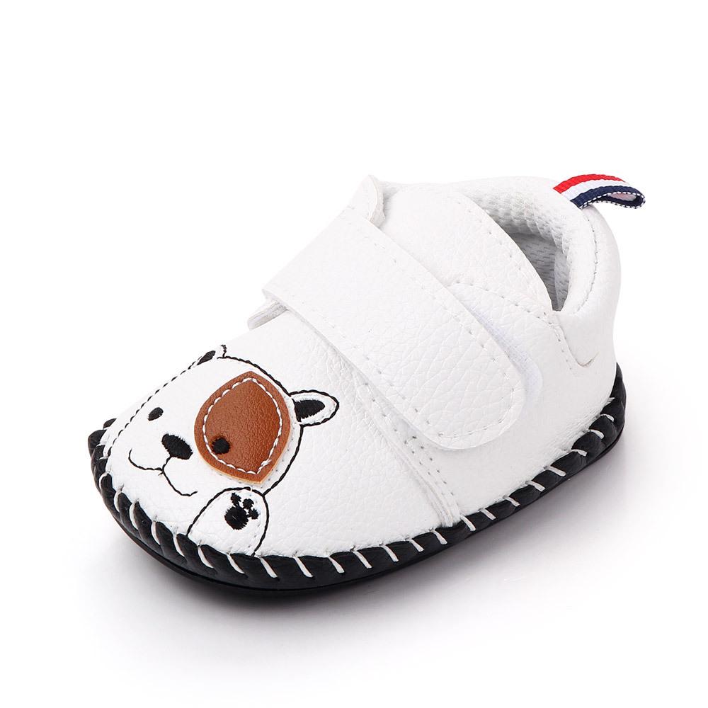 Newborn Baby Retro Leather Shoes Cute Embroidered Cartoon Bear Boys Shoes Rubber Bottom Non-slip Spring Infant First Walkers