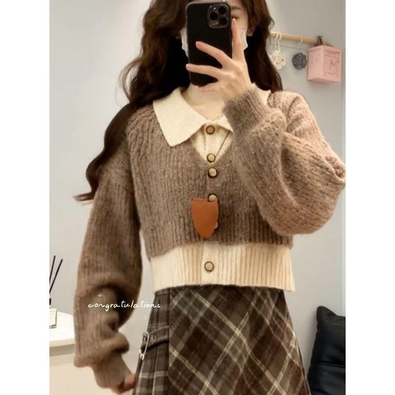 Korean-Style Casual Knit Sweater & Plaid Skirt Set for Female Students