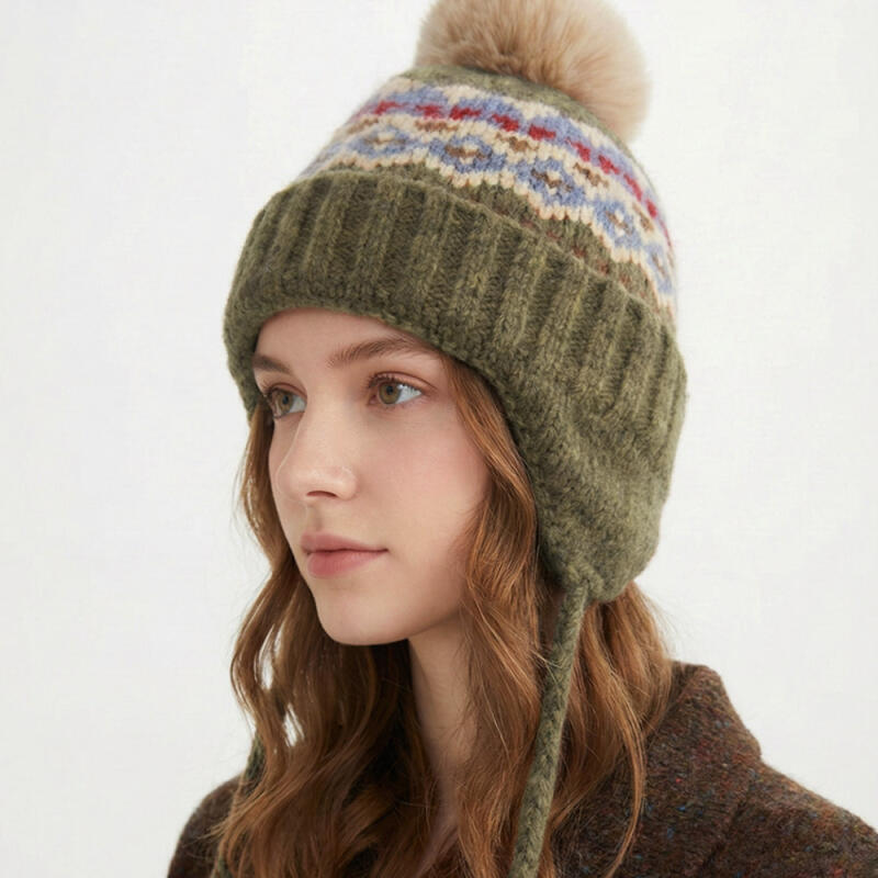 Shara Winter Earflap Hat Nordic Knit Pom Pom Hat K258