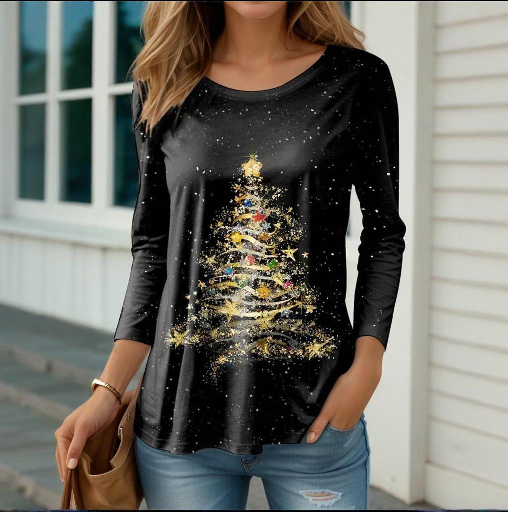 Large-sized2025 Fashion Red Christmas Tree Women's Long Sleeve Christmas Party Casual Clothing Autumn/Winter Cotton Oversize Round Neck Top