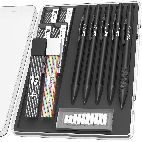 Mr. Pen- Metal Mechanical Pencil Set with Lead and Eraser Refills, 5 Sizes, Black, 0.3, 0.5, 0.7, 0.9, 2mm, Drawing Mechanical Pencils, Mechanical