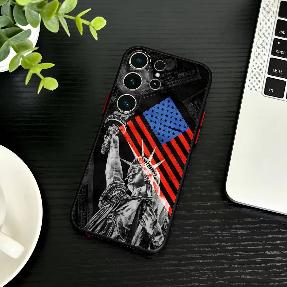 Statue Liberty America USA Flag Phone Case For Samsung S26,S25,S24,S23,S22,S21,S20,Ultra,Plus,FE Black Soft Cover