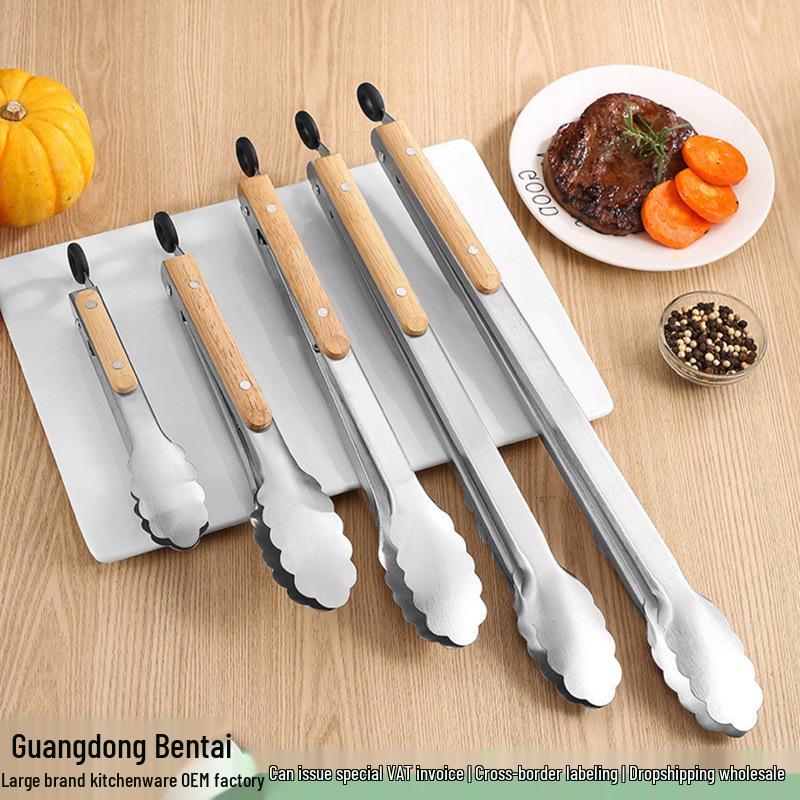 In-Stock Stainless Steel Korean BBQ Tongs with Oak Handle - Extended Version for Grilling and Cooking