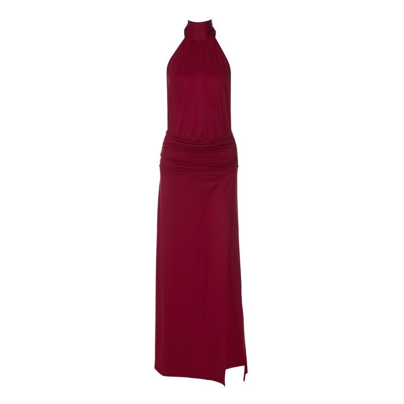 Women European Style Solid Color Halter Backless Slit Slim Fit Long Dress