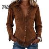 Skin Friendly Apparel Women Tassel Shirt for Autumn, Button Down Slim Fit Fringe Everyday Wear Blouse, Solid Color Casual Long Sleeve Top, Western