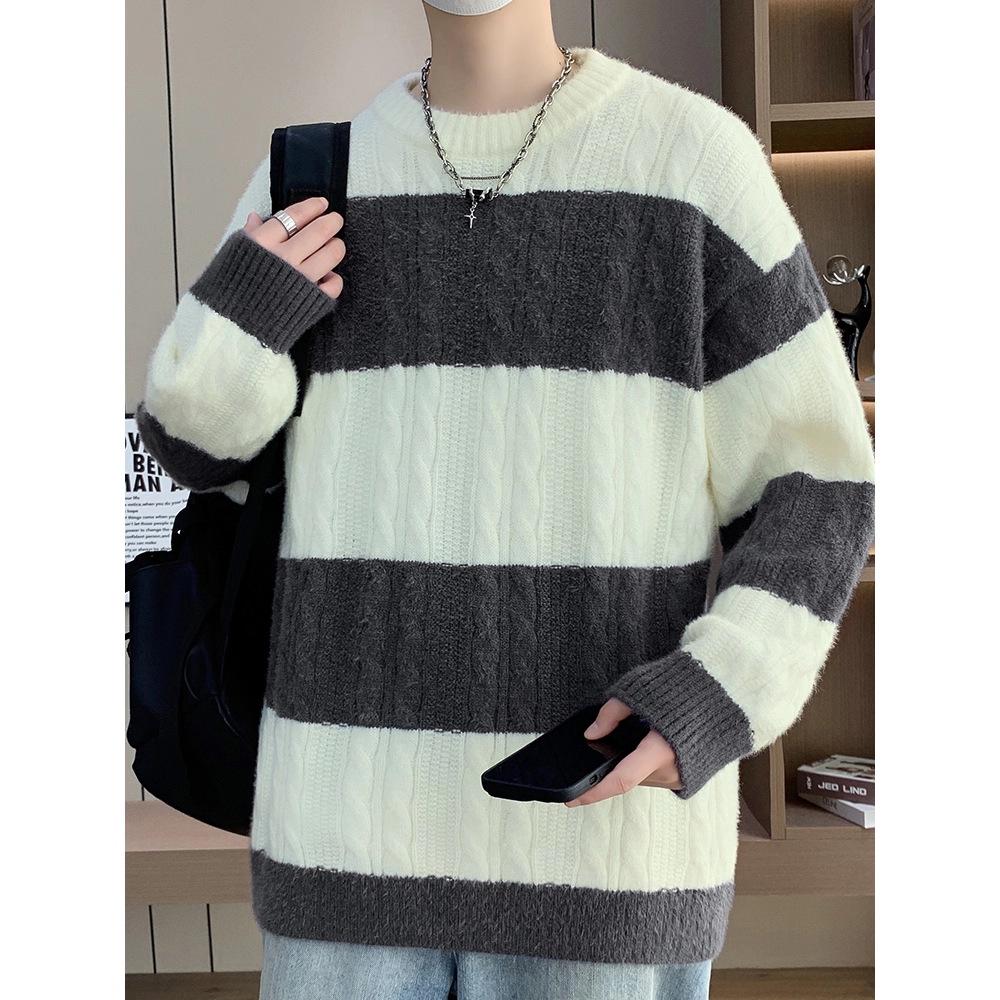 Men's Trendy Striped Cable Knit Sweater - Autumn/Winter 2025 Loose Warm Woolen Base Layer.