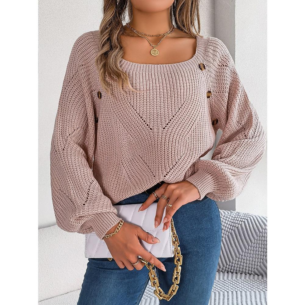 Modisches Damen Strickoberteil mit eckigem Ausschnitt, Knopfleiste vorne, einfarbig, zum Schnüren, mit Glockenärmeln