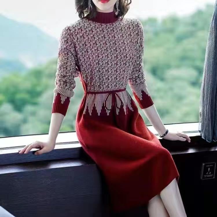 Autumn and Winter Knitted Dress Women's Waist-cinching and Stylish Knitted Sweater Dress Casual Half Turtleneck Sweater