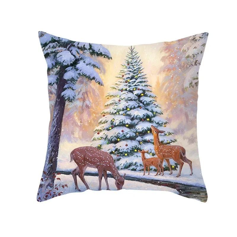 Winter Snow Scene Christmas Pillowcase New Year Home Decoration Sofa Cushion Cover Christmas Tree Printed Pillowcase