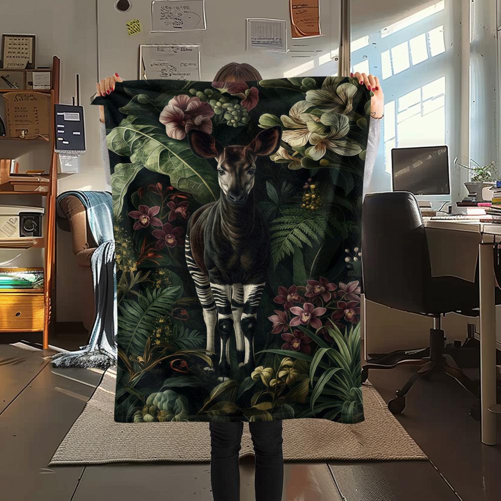 1PC Cute Okapi Print FlAannel Blanket, High Quality Comfortable for All Seasons, Home Decor, Warmth and Comfort