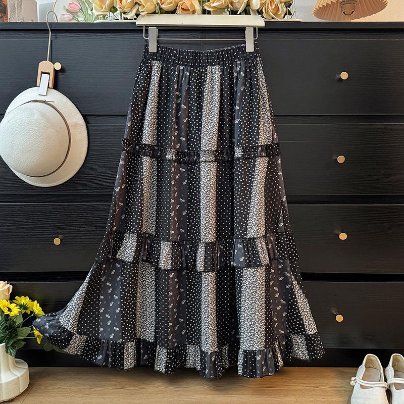 Women's Autumn 2025 Floral Patchwork Ruffle A-line High-Waisted Skirt