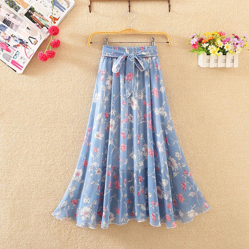 Floral Chiffon Floral Long Skirt Summer High Waist Loose A-line Skirt Half-length Skirt Female Summer Mid-length Skirt Fabric Light and Breathable