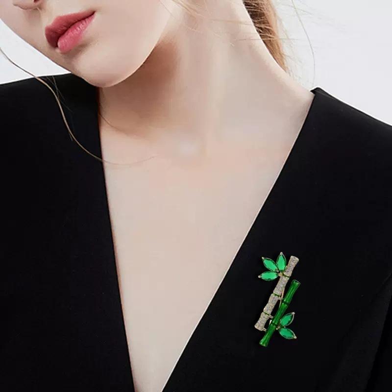 Ping An Bamboo Brooch Rising Emerald Crystal Zircon Pin Classical Temperament Brooch Cheongsam Antique Accessories