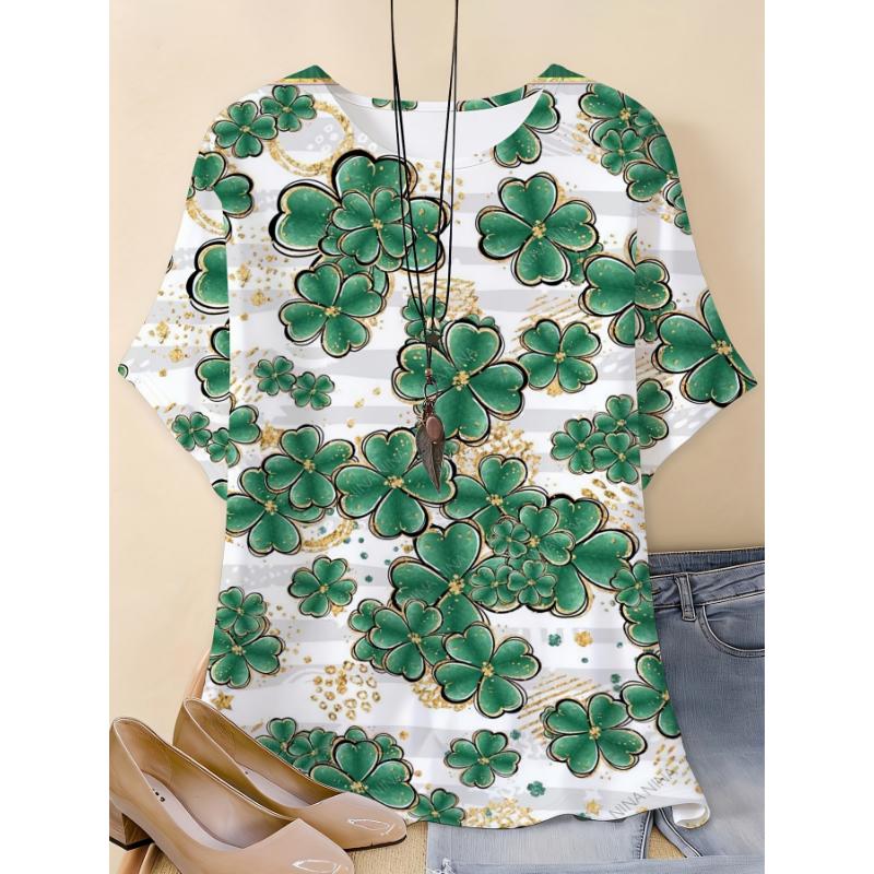 Fashion Women s Crew Neck Short Sleeve 3D Four Leaf Clover Color Printed Four Leaf Clover Short Sleeve Crew Neck T-Shirt XS