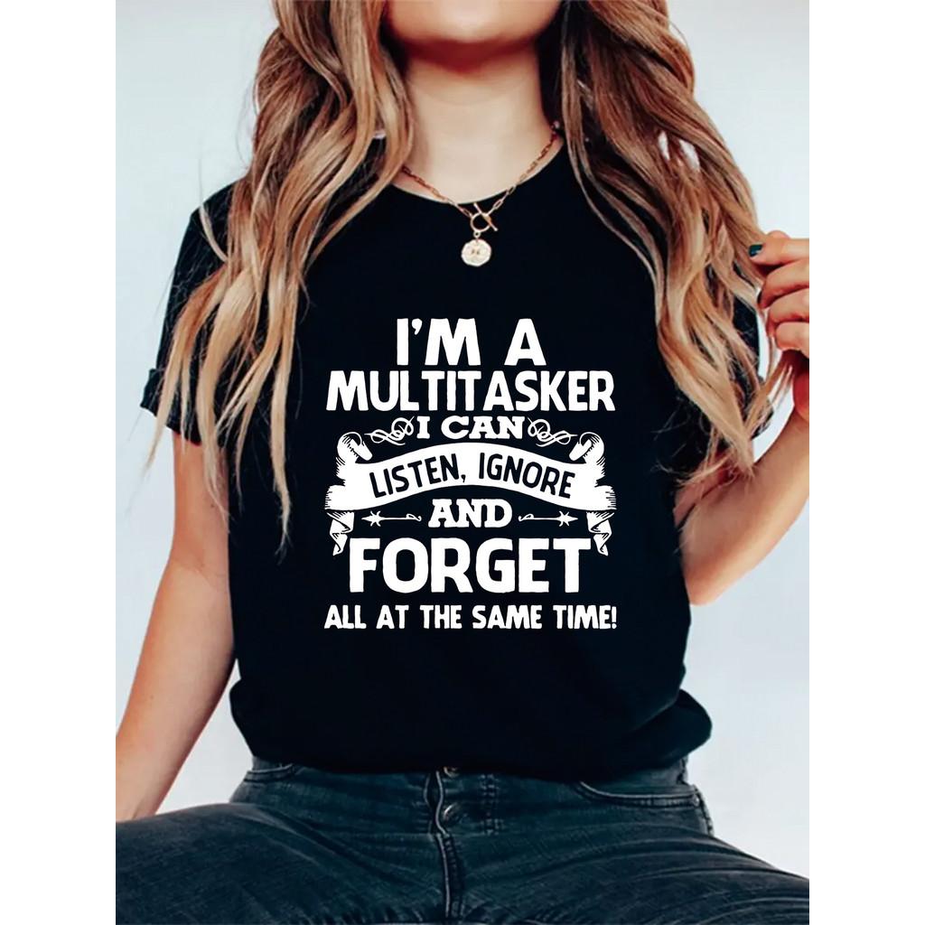 I am a multi-tasking graphic print solid color T-shirt, crew neck short-sleeved casual top, suitable for summer and spring, women's clothing