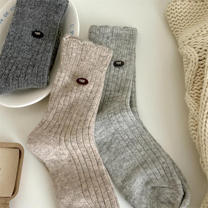 2 Pairs of Velvet Multicolored Button Wool Socks, Mid-calf Socks, Solid Color Thickened Warm and Versatile Pile Socks