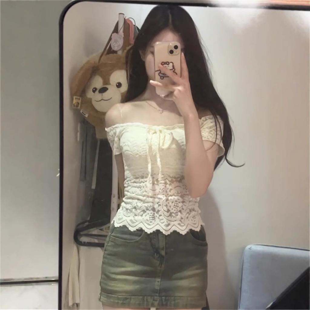 Pure Desire Hottie Sexy One-word Shoulder Lace Short-sleeved T-shirt Women's Summer Tight Short Thin Temperament Unique Top