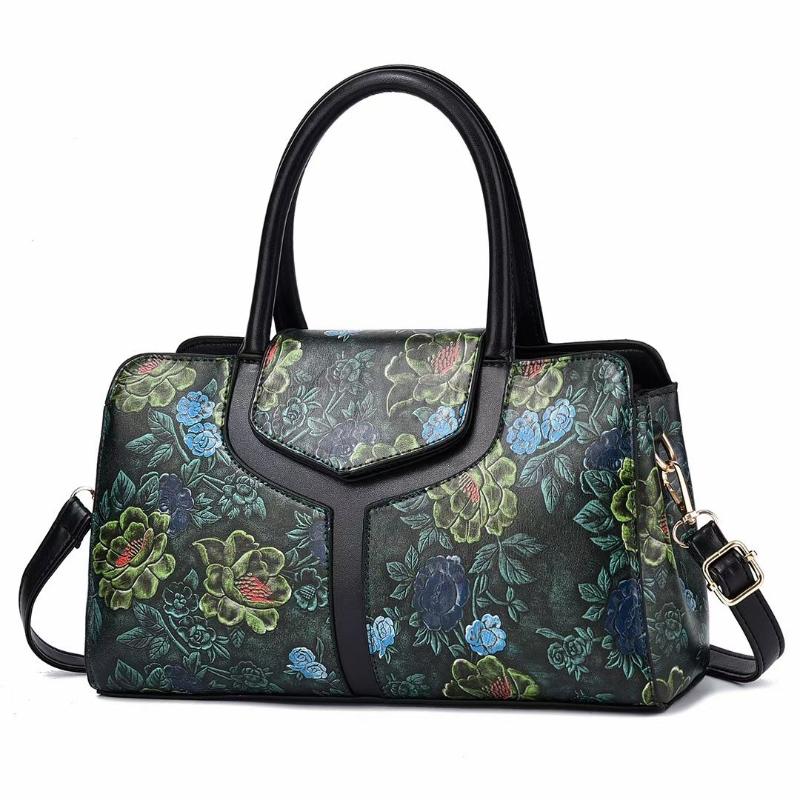 Shoulder Tote Bag for Women Retro Flower Pattern Satchel PU Crossbody Handbag