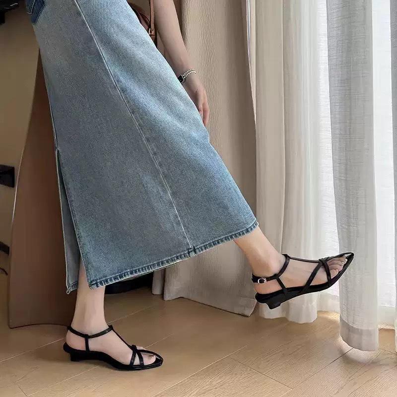 Sheepskin version~ niche leather pointed toe wedge sandals cross cross with open toe design medium heel cool slippers women