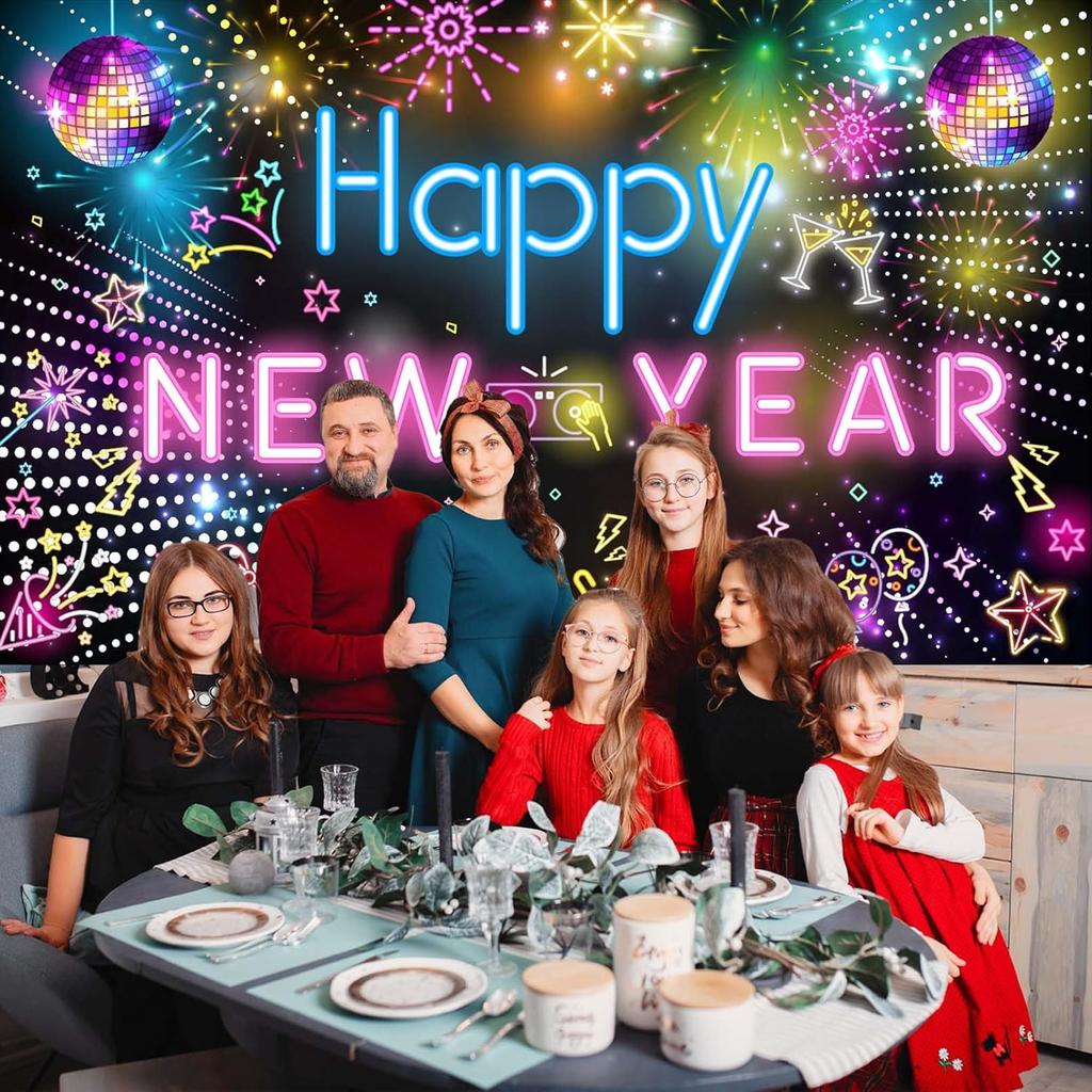 Neon Happy New Year 2026 Banner - Large Colorful Disco Theme Party Backdrop with Hanging Rope - New Years Eve Party Supplies 2026 - Holiday Photo