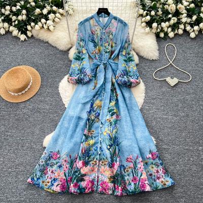Summer Autumn Gorgeous Flower Holiday Boho Shirt Dress for Women Stand Collar Long Sleeve Tie-Waist Printted Long Dresses