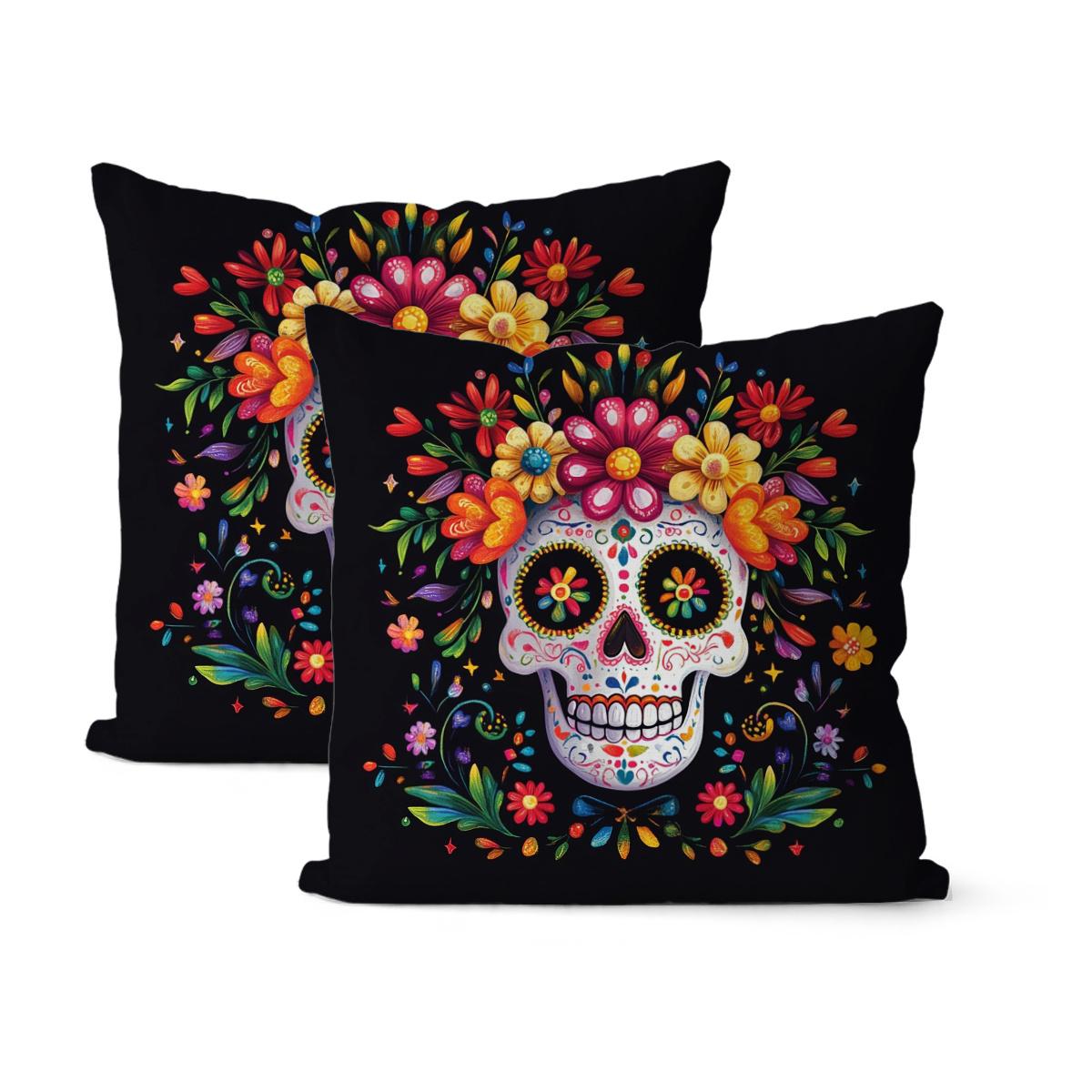 2Pcs Vibrant Day Of The Dead Skull Floral Throw Pillow Covers, 18X18 Inch Colorful Mexican-Inspired Design With Skeletons Peach skin 18*18(CM)-2Pcs