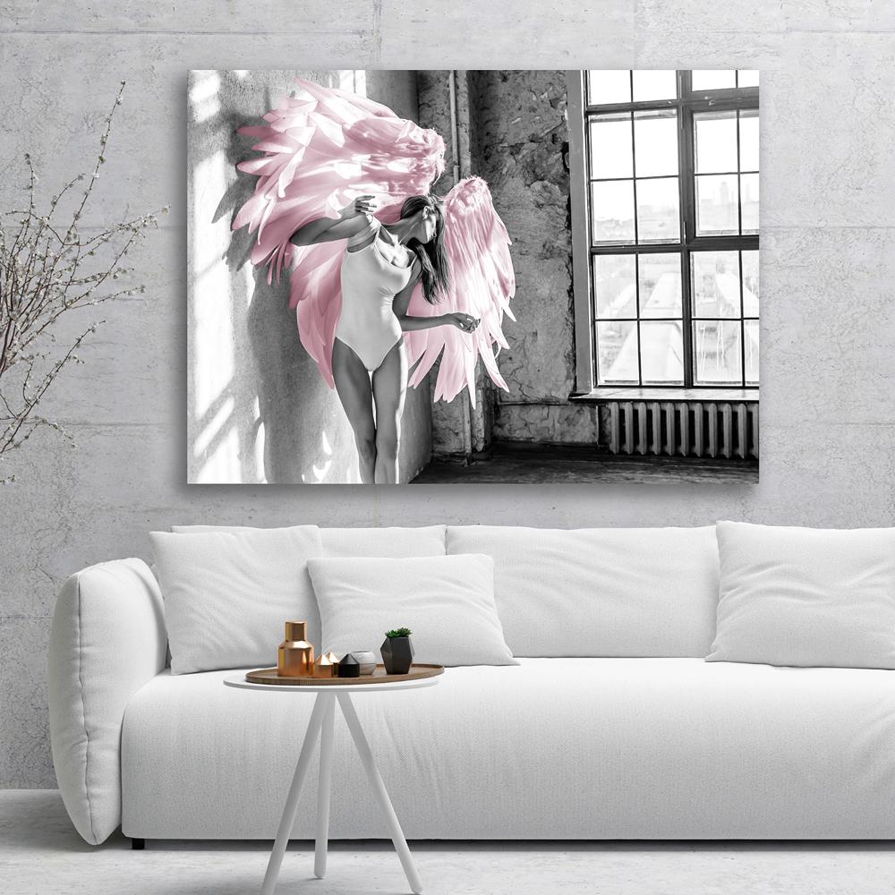 Estilo Nórdico Alas de Ángel Pluma Rosa Póster Pintura Lienzo Sala de Estar Dormitorio Arte para el Hogar Pintura Decoración de Pared Mural Cuadros