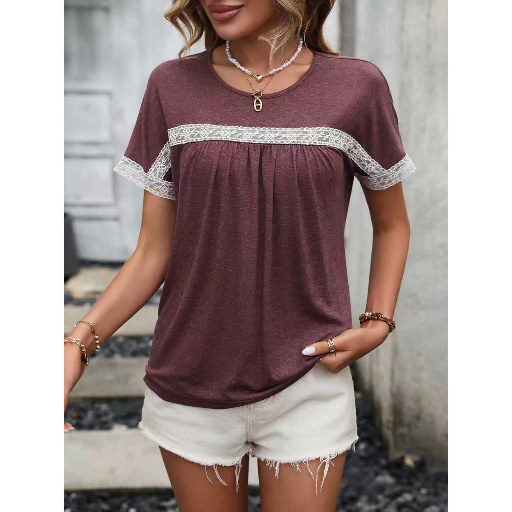 New Spring Summer Women's Crew Neck Short Sleeve T-Shirt Lace Patchwork Casual Top for Women Crossborder European American Style