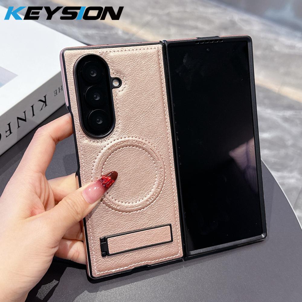 KEYSION Luxus PU Leder Magnetische Hülle für MagSafe für Samsung Galaxy Z Fold 7 5G Ständer Kabelloses Laden Handy Rückseite