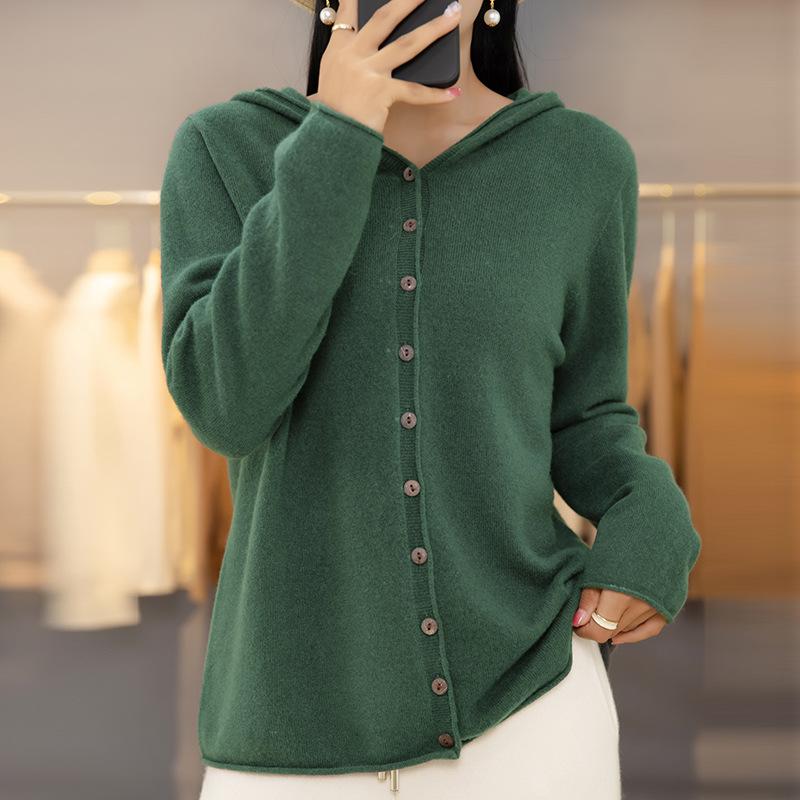 Frühling Herbst Einreiher Strick Cardigan Damen Mit Kapuze Einfarbig Pullover Mantel Locker Schlank Lässig Vielseitig Langarm Strickware
