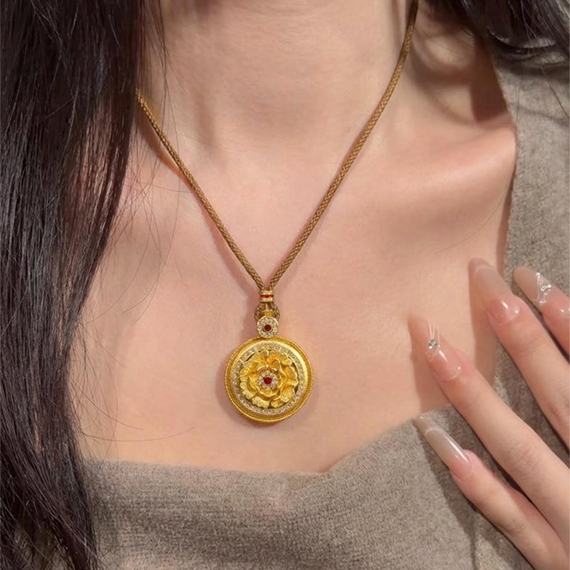 Elegant Sand Gold Rhinestone Peony Flower Pendant with Braided Rope for Women