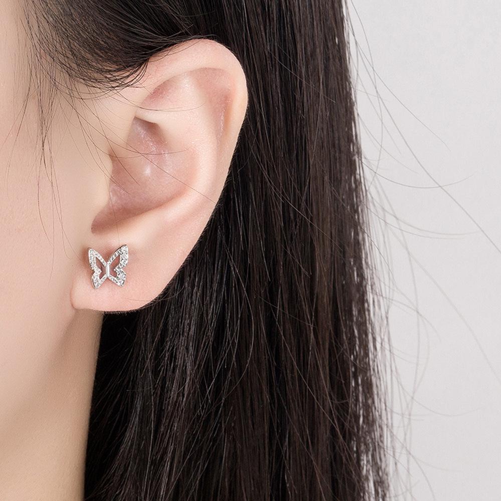 Cercei cu tip fluture mic incrustați cu diamante, cercei cu știft pentru femei, de lux, cu temperament de modă japoneză și coreeană