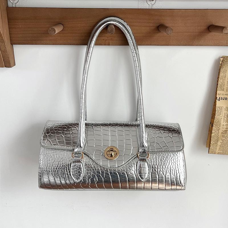 Women's Crocodile Pattern Handbag: Elegant PU Leather Top-Handle Satchel with Gold Lock, Retro Shoulder Bag for Work & Commute