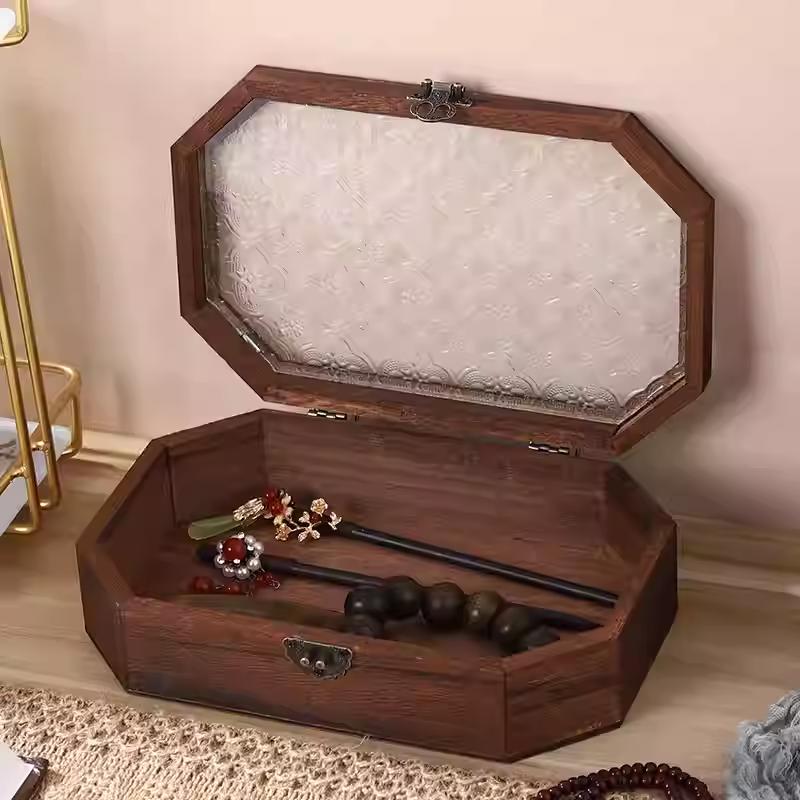Chinese classical crabapple flower glass storage box, wooden box, jewelry organizer