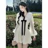 Temperament Premium Bow Splicing V-neck Long-sleeved Dress Women's Autumn Niche Pleated Slim-fitting White Short Skirt